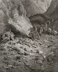 第2十字軍の軍隊は、第1十字軍の兵士の遺体を見つけます。これは、JFによる「Bibliotheque des Croisades」のイラストです。ミショー、1877